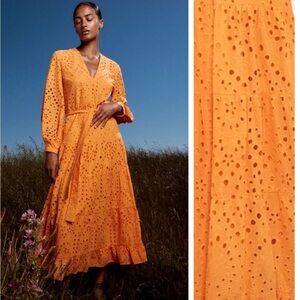 Zara Orange Openwork Eyelet Embroidered Midi‎ V-Neck Dress Sz Small NEW No Belt